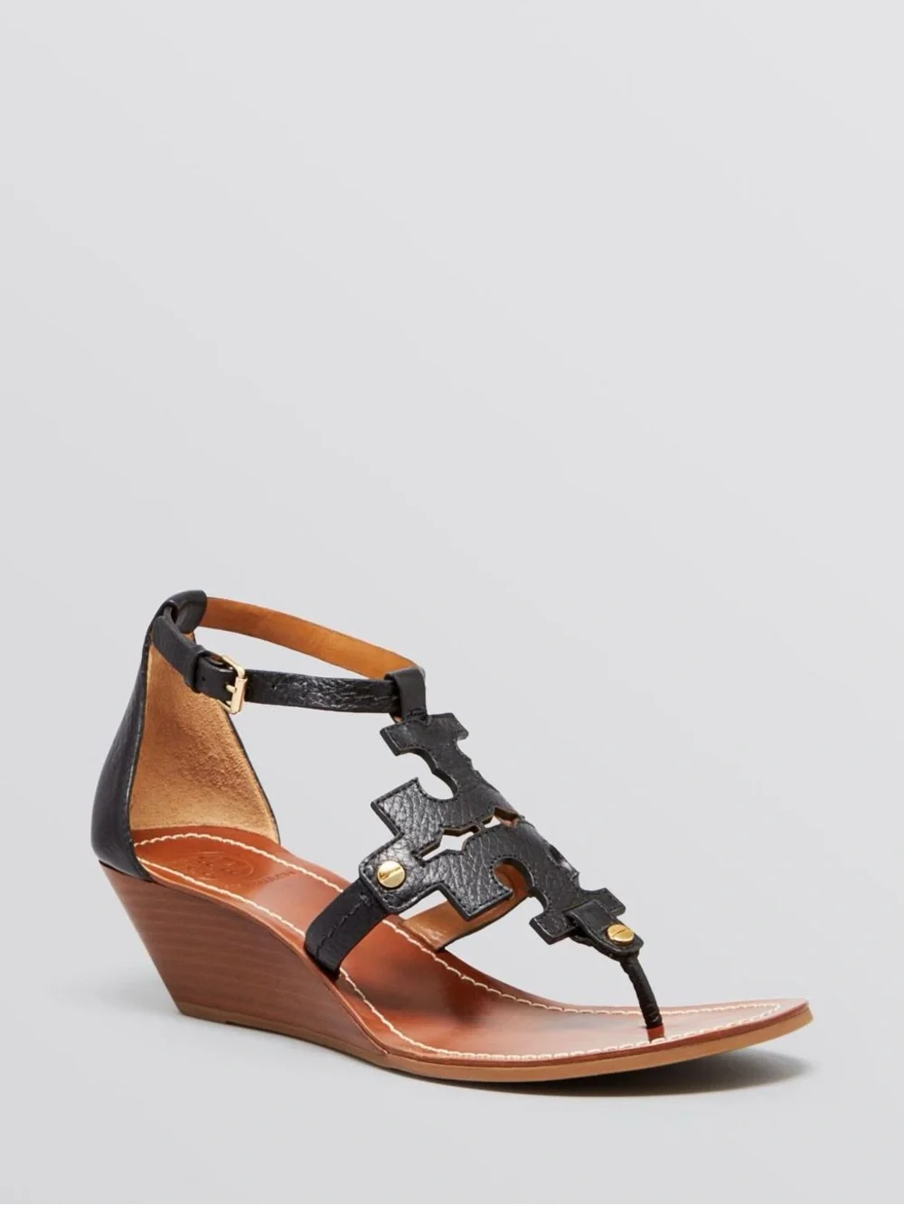 Tory Burch Black Leather Logo Cutout T-Strap Wedge Sandals